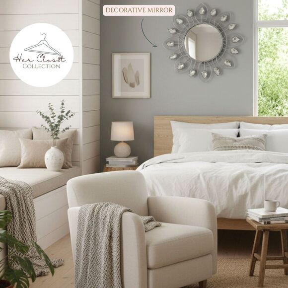 Round Wall Accent Decorative Mirror Silver Metal Flower Rhinestone 9.5" - Picture 2 of 13